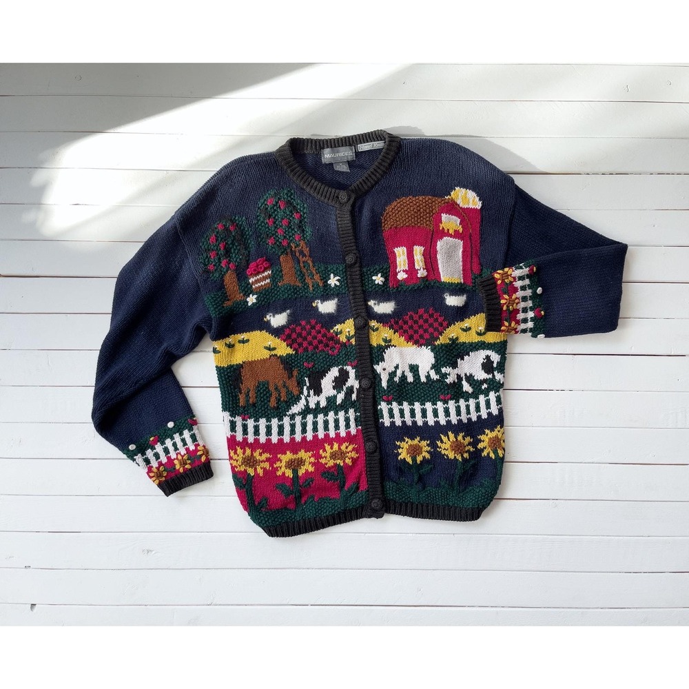 Maurices vtg farm‎ cow horse duck navy embroidered cardigan sweater